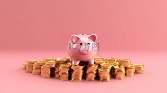 粉色存钱罐和金币是金融增长和储蓄的象征