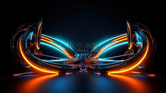 黑色背景下的未来科幻风格的 3D 渲染抽象霓虹灯形状