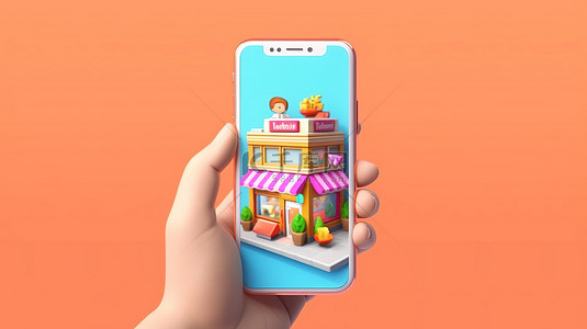 3d天字背景图片_卡通手移动购物应用程序的 3D 插图描绘在线购物概念