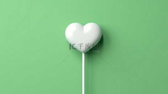 绿色背景上令人惊叹的白色糖果棒棒糖心的最小情人节概念 3D 渲染