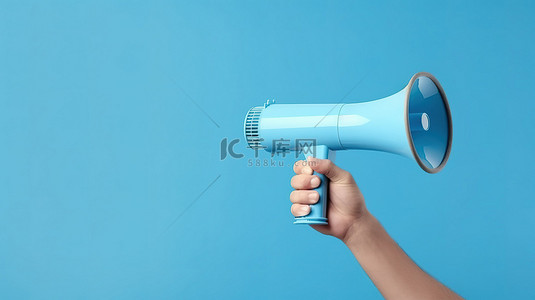 蓝色扩音器的 3D 渲染，蓝色背景上手握语音气泡