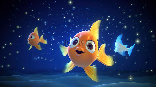 鱼儿在星空下游泳的 3D 渲染