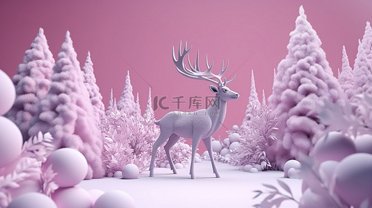 新年节日插画 3D 冬季紫罗兰色和粉色与圣诞鹿和雪花的组合