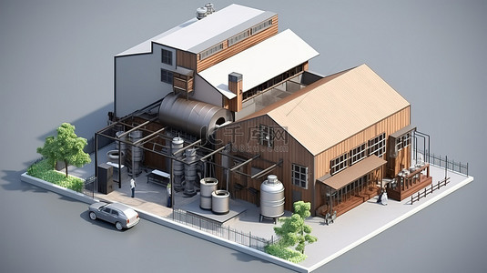 外部背景与 3D 渲染中的咖啡烘焙厂的等距视图