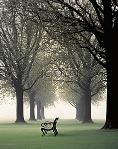 公园的草地上背景图片_一条空长凳放在一排树附近的草地上