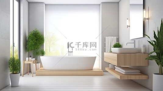 3d 渲染中带有明亮木质装饰的现代浴室