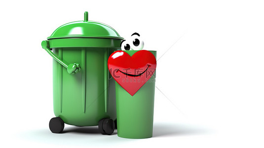 绿色垃圾桶吉祥物的 3D 渲染，该吉祥物拿着一颗红心，白色背景上有回收标志