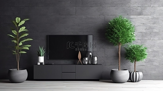品脱背景图片_适合当代家庭和办公室的时尚电视区设计，配有黑砖墙和品脱大小的植物 3D 渲染