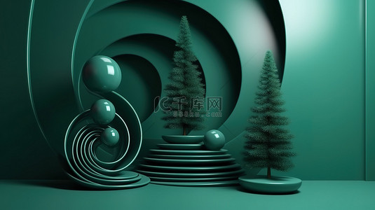 冬季主题 3D 讲台，在抽象背景 3D 渲染上有一棵绿色圣诞树