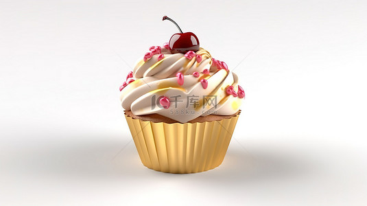 白色背景的 3D 渲染，上面有金色圣代冰淇淋纸杯蛋糕，上面有樱桃