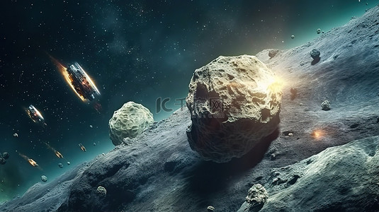 陨石宇宙背景图片_漂浮在太空中的黑暗神圣小行星，用于科幻场景，带有装饰感的 3D 渲染艺术品