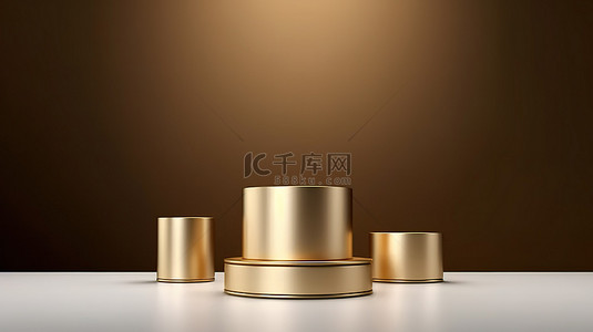 豪华 3D 渲染金色圆柱讲台，用于简约产品展示