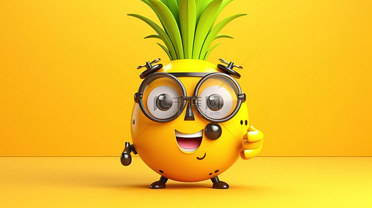 饮食背景背景图片_欢快而时尚的菠萝人物吉祥物，在 3D 渲染中创建的充满活力的黄色背景上带有闹钟