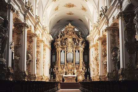 鸵鸟蛋雕刻背景图片_教堂的内部有一些白色的天花板和雕刻的雕像