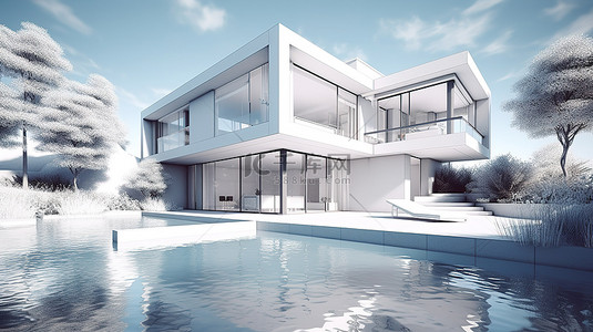 豪华住宅建筑草案展示花园绿洲和游泳池的 3D 渲染