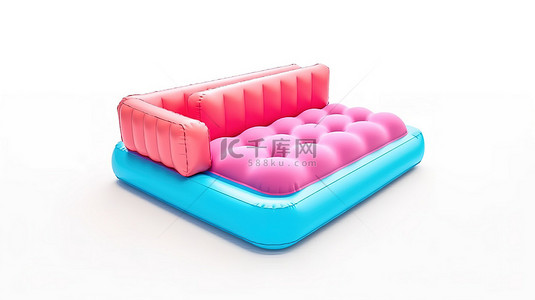 白色背景为 3D 渲染的粉色和蓝色空气泳池床垫水沙发床奠定了基础