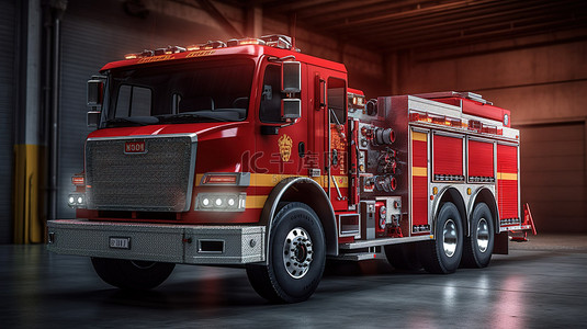 工业部门背景图片_带卷帘门的消防车 3D 渲染
