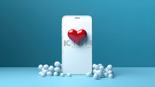 手和心背景图片_心形智能手机和白色背景上的蓝色电子邮件，爱或类似的 3D 渲染
