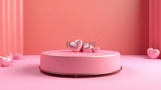 粉红色背景上浪漫的3D渲染心主题粉红色圆形舞台