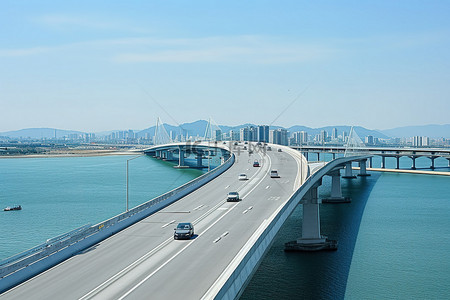 机动车行驶标志背景图片_一座公路桥穿过水面，上面有车辆行驶