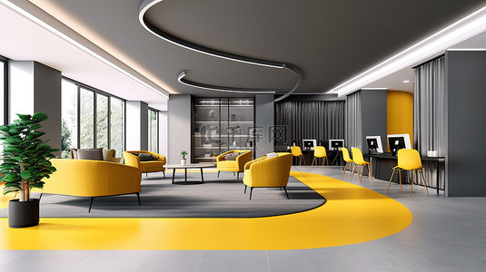 黄色企业背景图片_现代办公室接待处铺有地毯，黄色和灰色会议室的 3D 渲染
