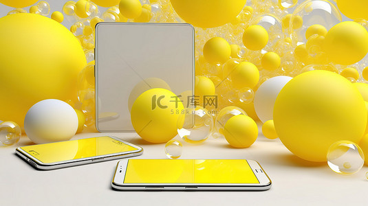 手机推广背景图片_带有白色空白屏幕和光滑黄色气泡的流行艺术风格智能手机非常适合广告和社交网络概念
