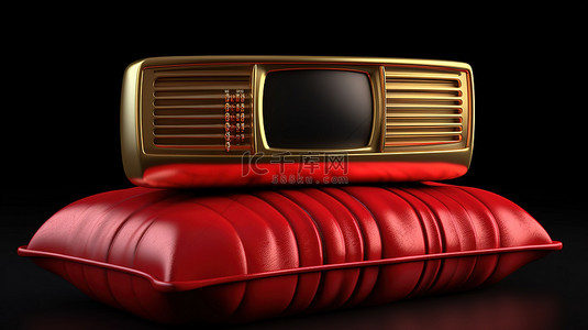金色障碍之间的红色枕头上的金色电视 3d 渲染隔离在黑色背景上
