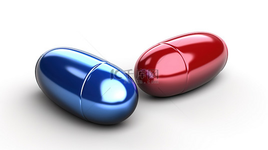健康管理师背景图片_白色背景上孤立的红色和蓝色药丸的 3d 插图