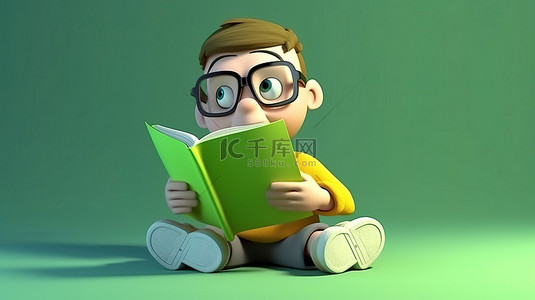 快乐的人卡通背景图片_文学爱好者 3d 渲染一个年轻人沉浸在书本中