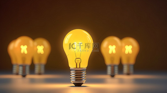 明亮的灯泡在黄色背景下照亮，唤起领导力和创新 3D 渲染