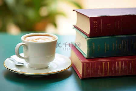 一杯咖啡放在一组书的上面