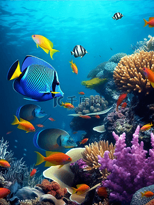大海广告背景图片_热带鱼珊瑚植物海底世界广告背景