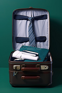一个旅行箱，里面有三条领带和一条领带