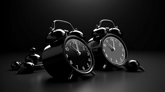 计时背景图片_黑色双铃闹钟 3D 渲染微型，带时间设置唤醒时间计时和自组织