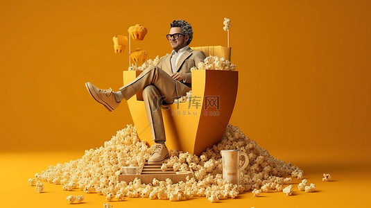 恐怖电影背景图片_男人坐在胶卷上享用爆米花的 3D 渲染插图