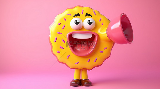甜点粉色背景图片_欢快的草莓粉色甜甜圈吉祥物，在黄色背景 3D 渲染上拿着复古扩音器