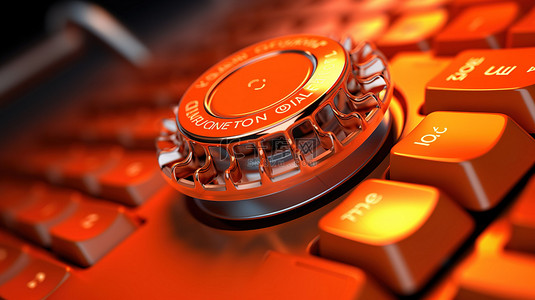 关闭计算机键盘顶部老式橙色旋转电话的 3D 渲染，并带有联系我们标志