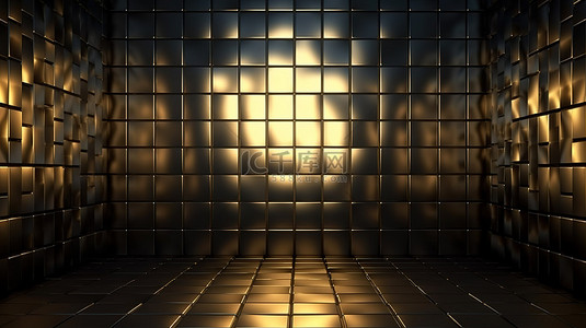 抽象裂缝背景图片_金色背光裂缝增强了黑色瓷砖墙 3D 渲染的美感