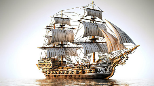 老港口背景图片_历史悠久的帆船的 3D 渲染光栅艺术
