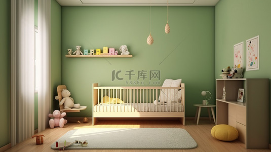 枕头海报背景图片_以绿色墙壁为特色的儿童房的 3D 渲染