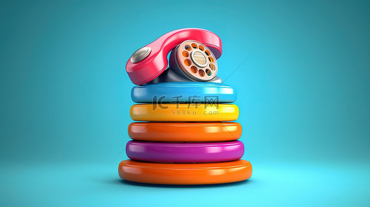 旋转的手背景图片_蓝色背景概念 3D 渲染上多种颜色的老式旋转电话堆栈