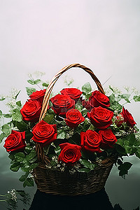 一个篮子，里面有红玫瑰和小绿菜