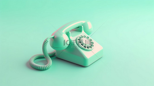 浅蓝色背景上 3D 插图中的简约电话呼叫符号，带有绿色电话图标