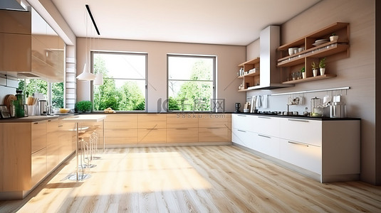 浅色家具背景图片_现代厨房套装，配有阳光明媚的浅色和时尚的装饰，侧视图 3D 渲染