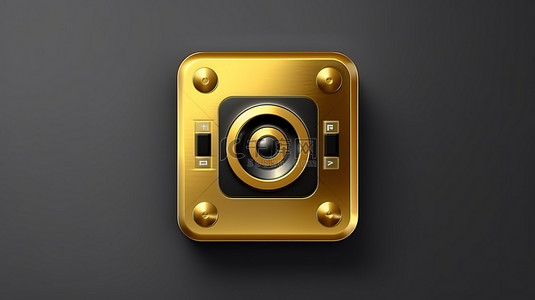 用于 ui ux 设计的黑色方形按钮关键界面元素上的金色线轴录音机的 3D 渲染图标