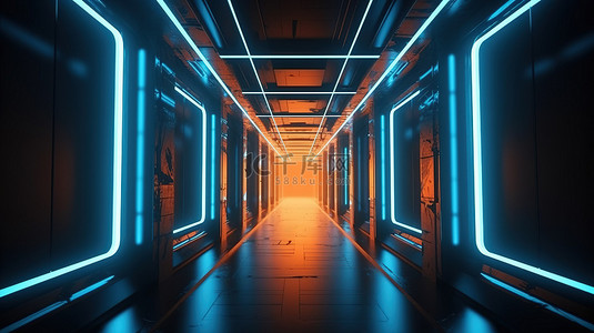 具有霓虹蓝和橙光 3d 渲染背景的未来主义金属走廊