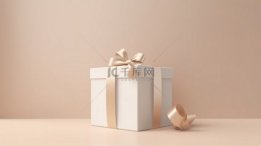 丝带庆祝背景图片_柔和的奶油色米色背景，带有 3d 金色丝带白色礼盒渲染