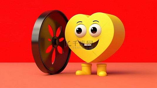 生活压力背景图片_3D 渲染黄色背景，带有电影卷轴电影磁带，带有可爱的红心人物吉祥物