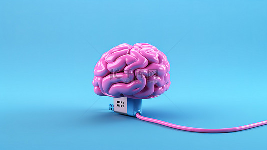 蓝色背景上将 USB 插入粉红色大脑的 3D 渲染