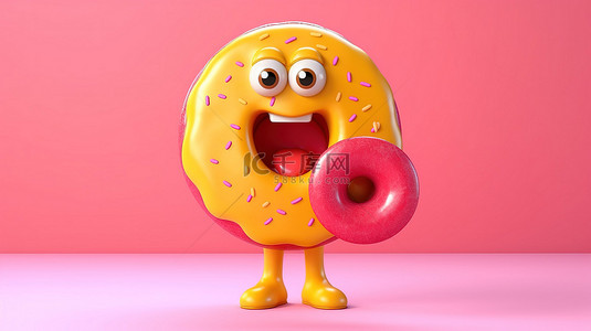 甜点粉色背景图片_充满活力的黄色背景，带有 3D 渲染的粉色釉面甜甜圈吉祥物，带有大草莓和红色扩音器